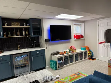 Basement Remodel - New Lightings, Custom Made Cabinet, Sliding Door
